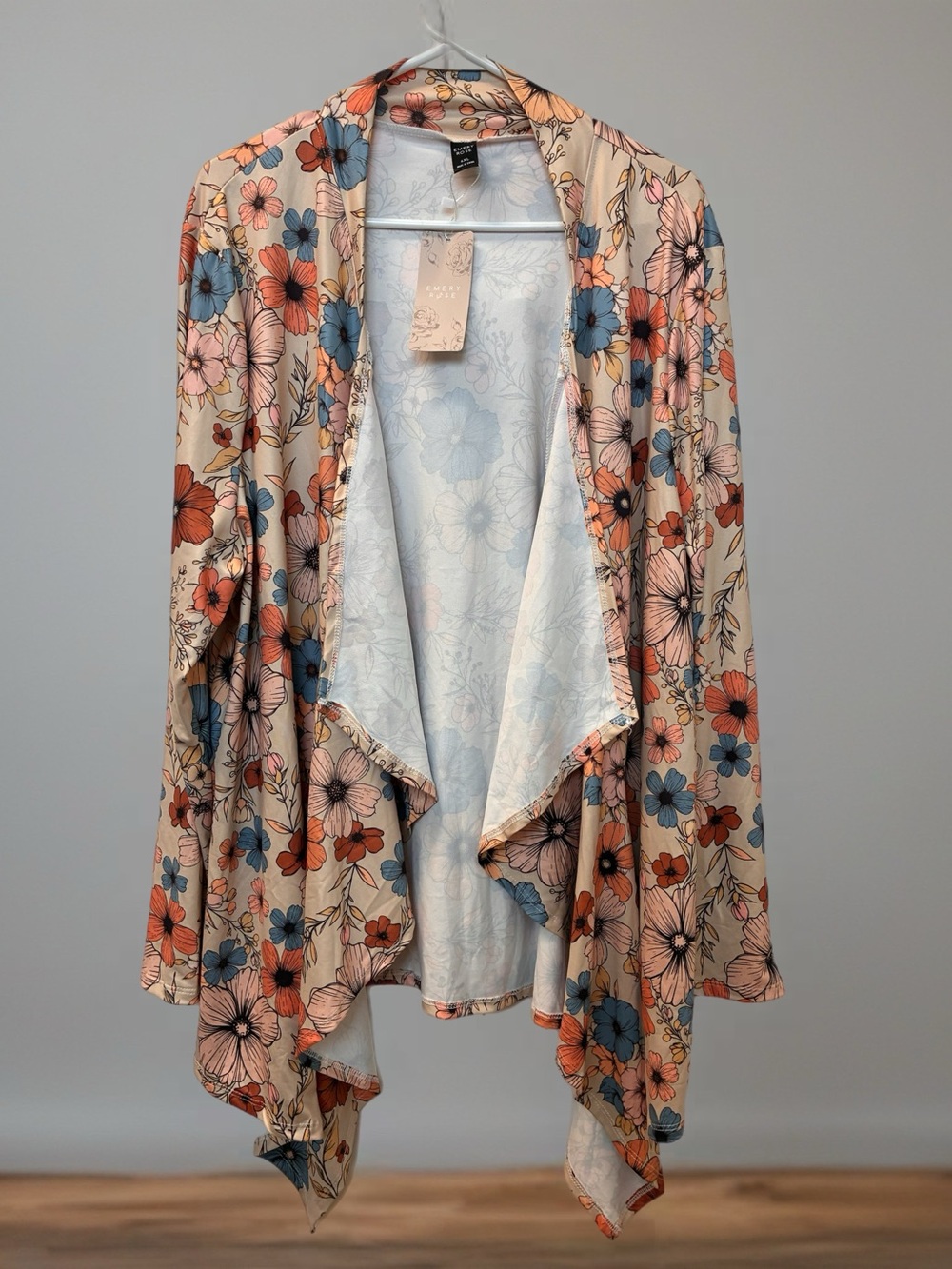 Floral Draped Open-Front Cardigan Sweater - Beige Multi Woman’s 4X